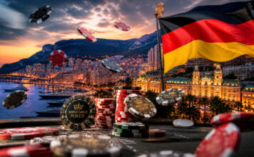 Pokerchips vor der Kulisse von Monte Carlo mit Bezug zu einem deutschen Turniersieg