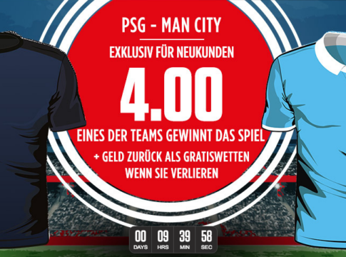 Ladbrokes garantiert eine Quote von 4.00 und Geld zurück Garantie bei verlorener Wette auf das heutige CL-Spiel PSG vs ManC