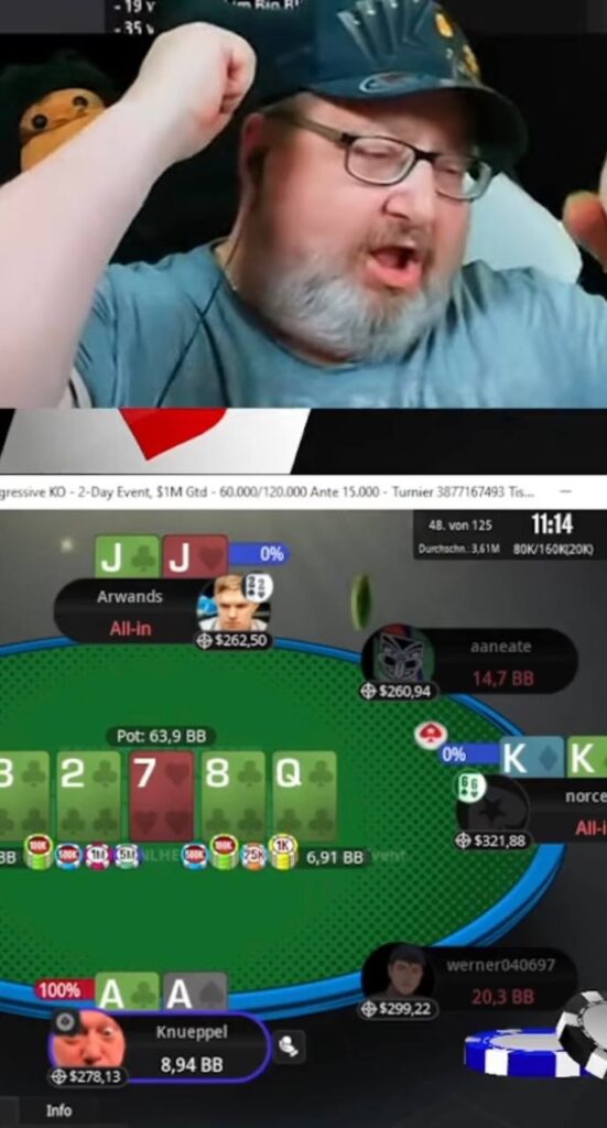 FREUDE!!! "knueppel" gewinnt das Triple All-In mit AA vs. KK vs. JJ