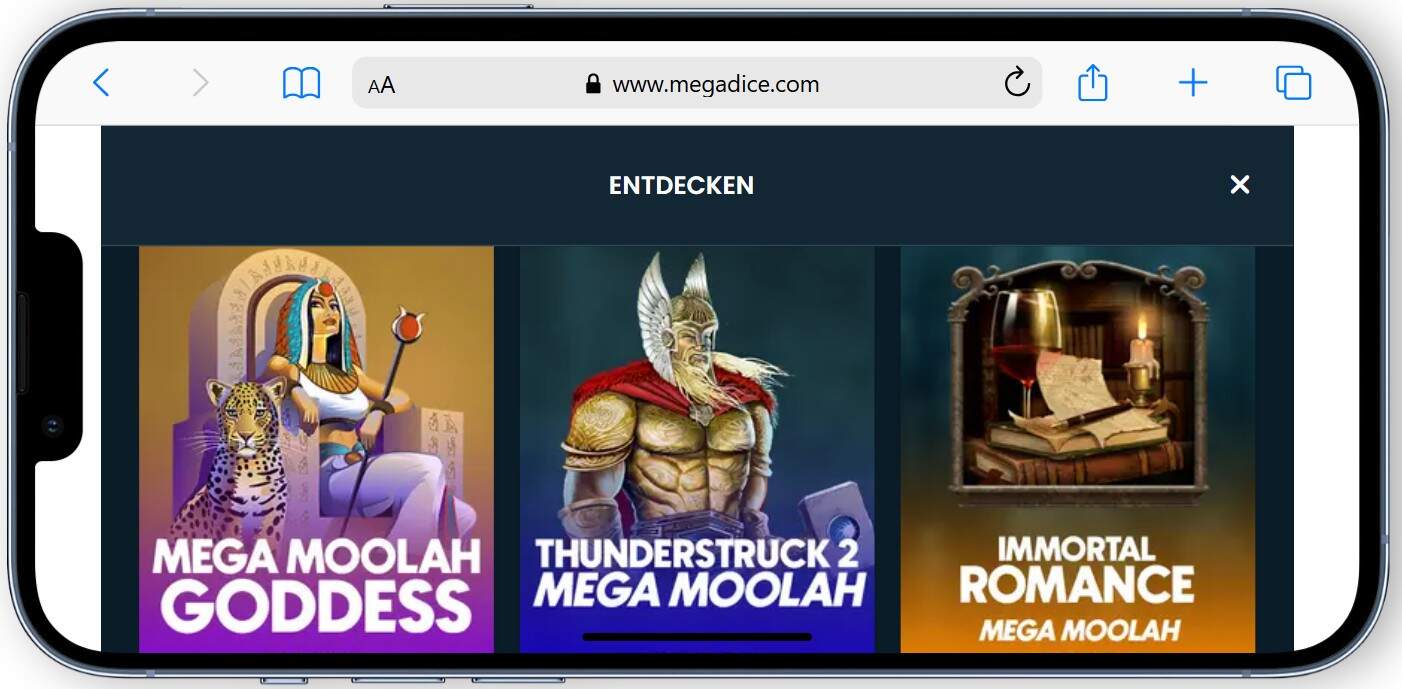 MegaDice Mega Moolah Spieleauswahl.