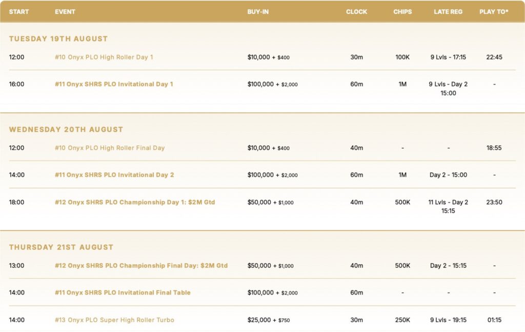 Onyx Club Series SHRS Schedule - 2025-08-19 - 2025-08-21