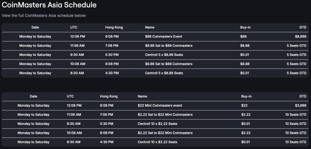 CoinMasters Asia Schedule