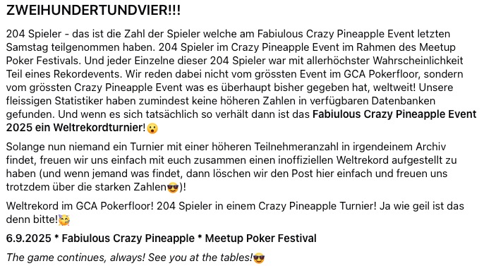 GCA Poker Fabiulous Poker Crazy Pineapple 204 zweihundertvier Weltrekord