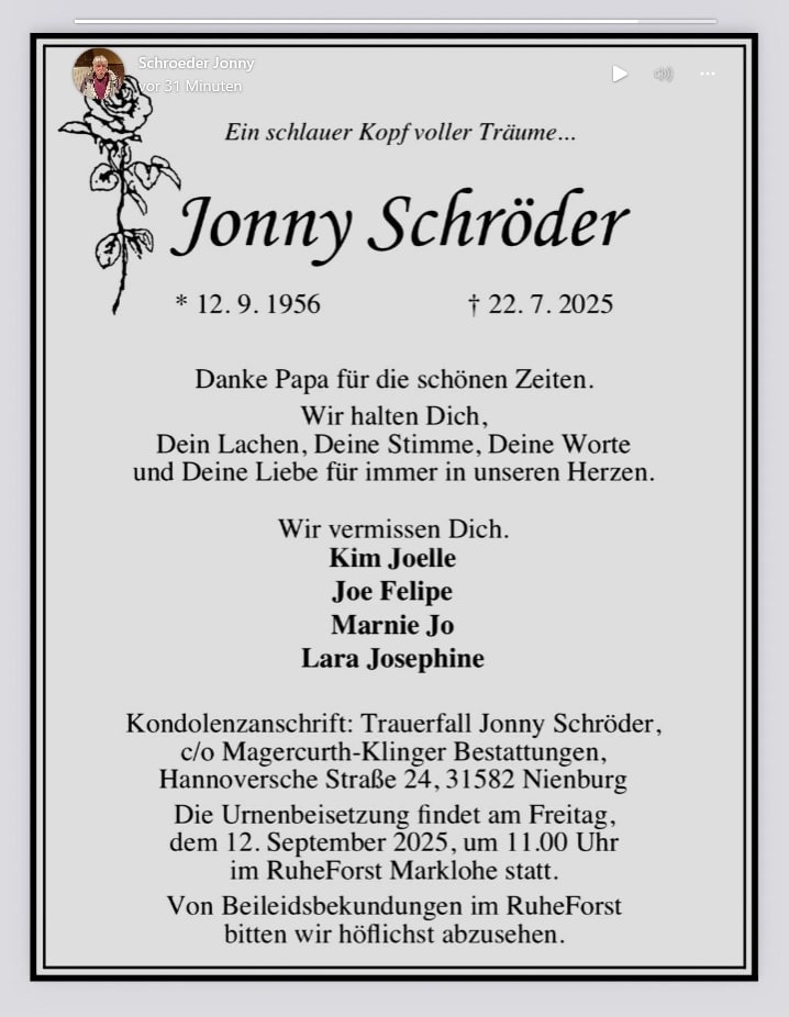Jonny Schröder - Traueranzeige
