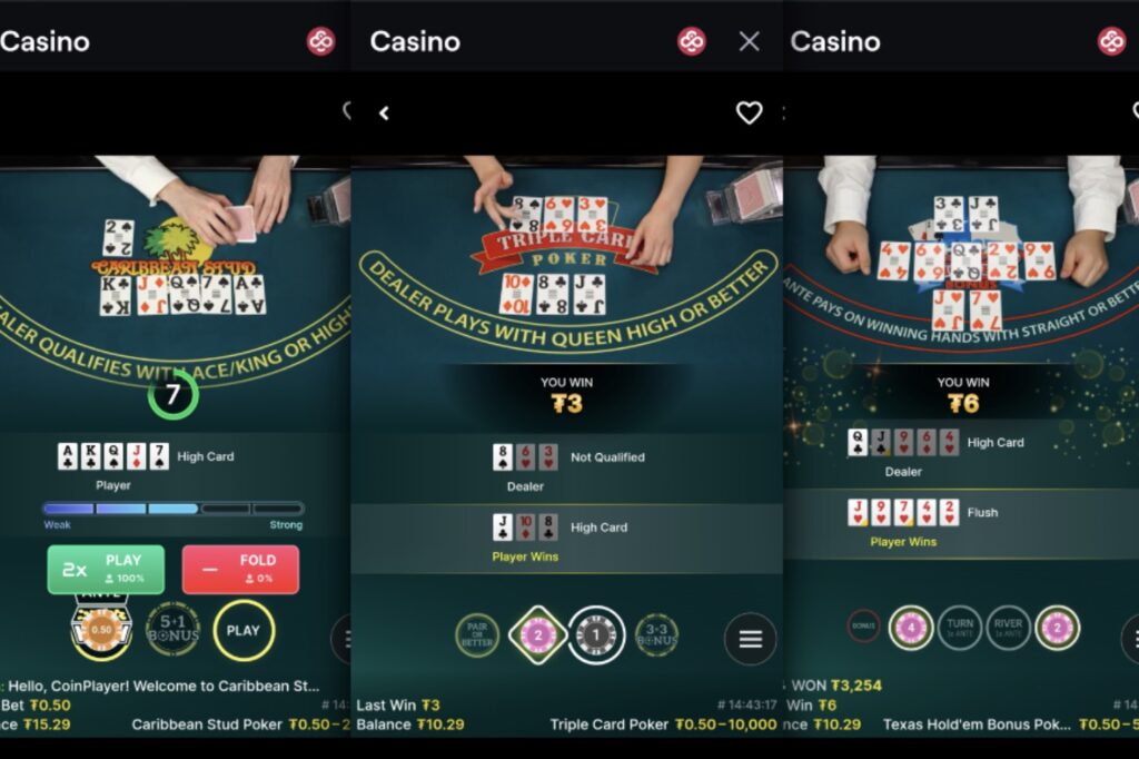 CoinPoker Mobile App - Casino - Carribean Stud, 3 Card Poker, Texas Holdem Bonus