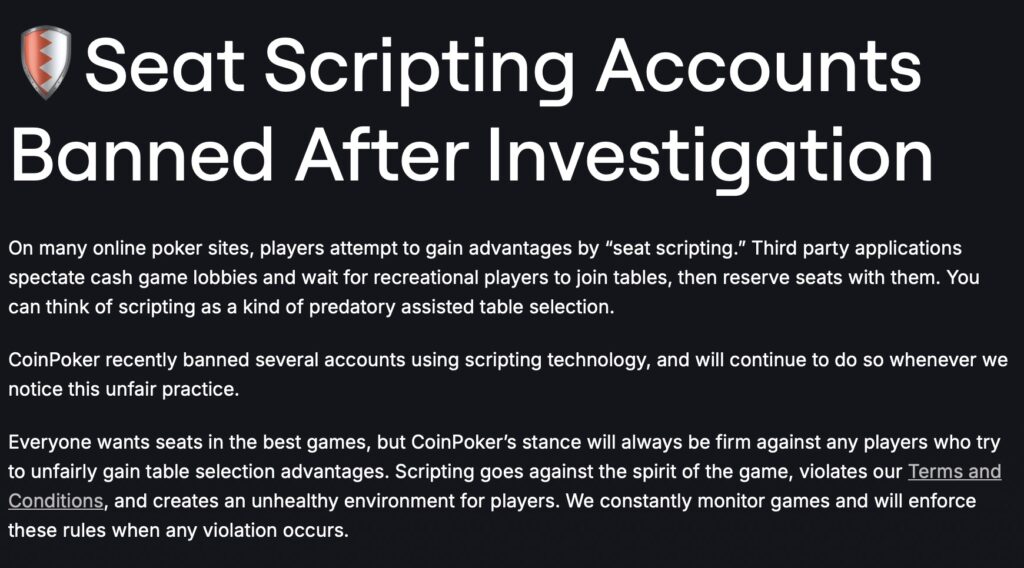CoinPoker Seat Scripting Ban