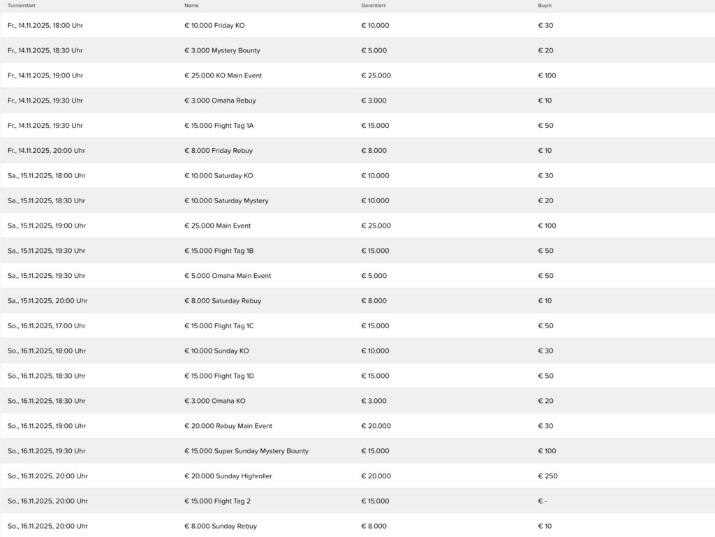win2day Herbst Poker Series Turnierplan