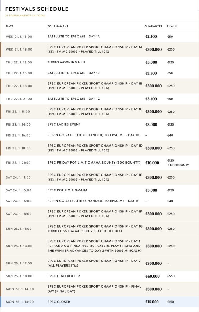 EPSC European Poker Sport Championship - Schedule