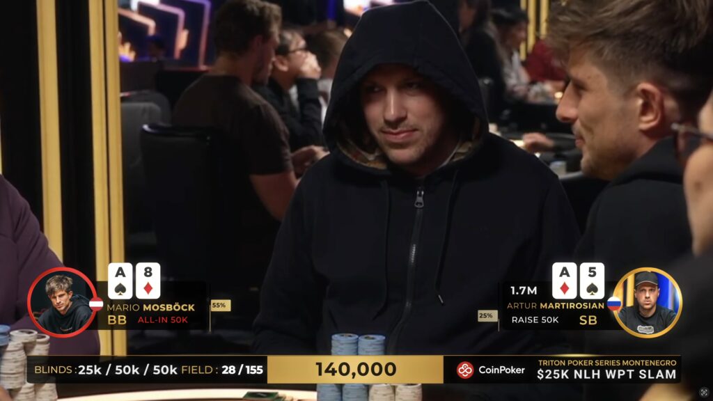 Mario Mosböck Triton Super High Roller Series Montenegro SHRS $25k WPT global Slam - YouTube Video - all-in vs Artur Martirosian