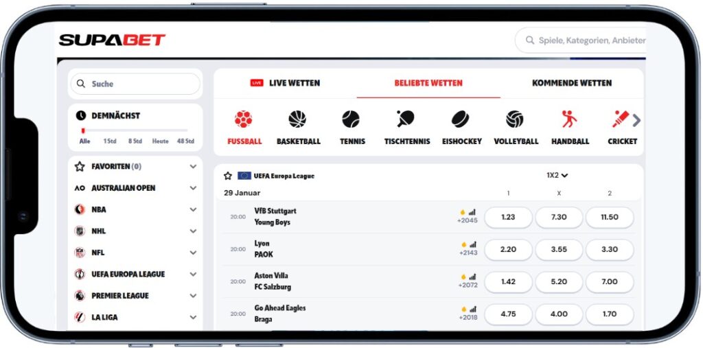 Supabet Sportwetten-Programm ohne Steuer.