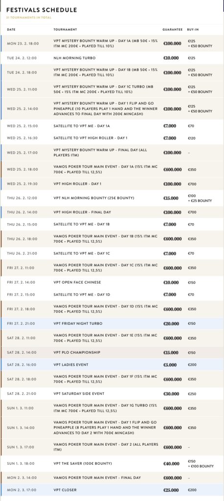 Vamos Poker Tour VPT - Schedule Festivalplan
