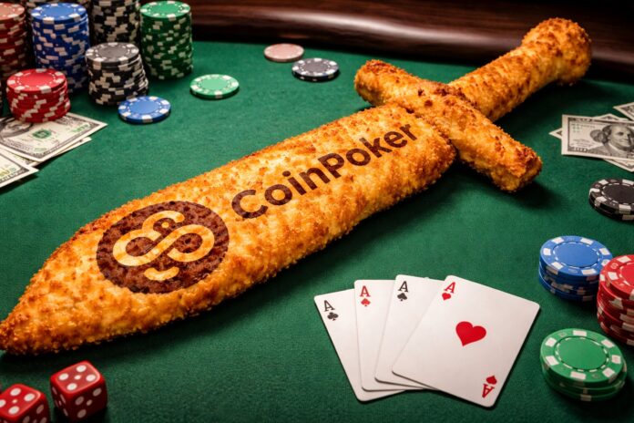 CoinPoker Schnitzelschwert auf Poker-Tisch Schnitzelzwaard Schnitzelschwert gewinnt die WSOPE Prague Promotion