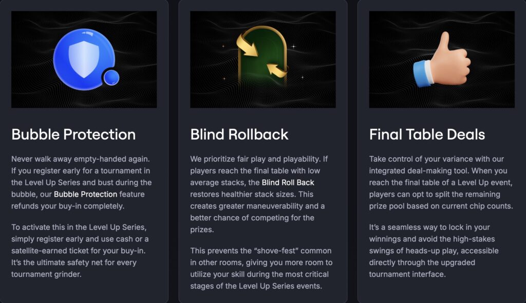 LUS Tournament Features - Bubble Protection - Blind Rollback - Final Table Deals