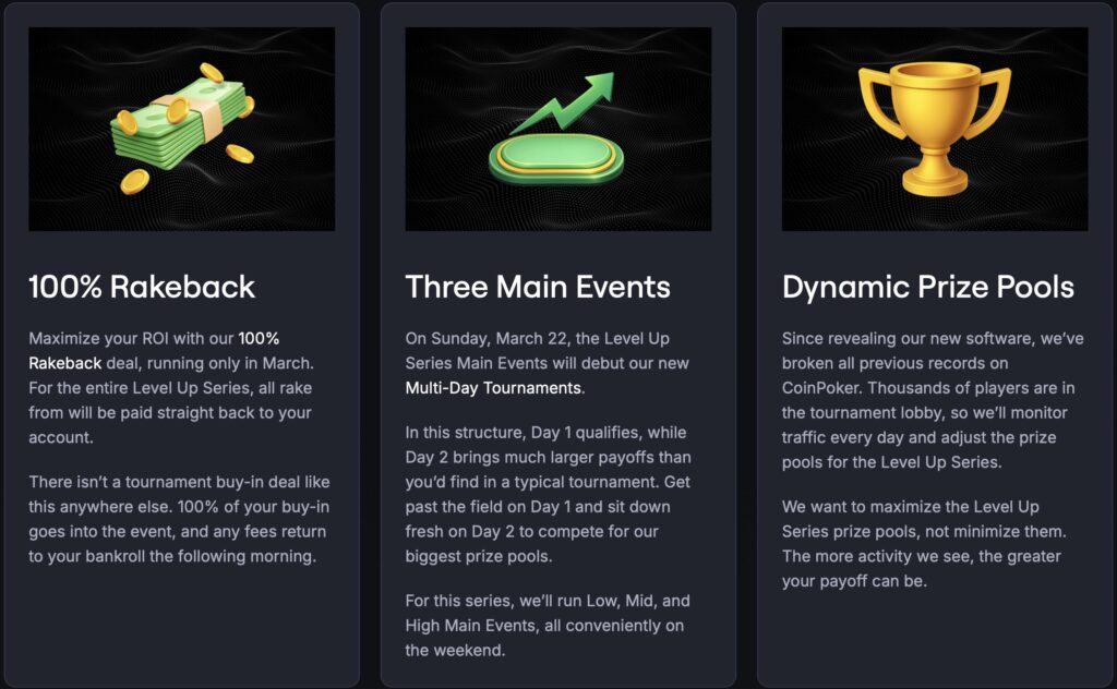 Level Up Series LUS - 100 Rakebackt, Three Main Events, Dynamic Prioze Pools