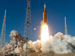 NASA’s Space Launch System (SLS) rocket and Orion spacecraft launch on the Artemis II test flight, Wednesday, Apr. 1, 2026, from Launch Complex 39B at NASA’s Kennedy Space Center in Florida. Commander Reid Wiseman, Pilot Victor Glover, and Mission Specialist Christina Koch from NASA, and Mission Specialist Jeremy Hansen from the CSA (Canadian Space Agency), will fly around the Moon and back to Earth during their approximately 10-day mission. Liftoff from Launch Complex 39B occurred at 6:35 p.m. EDT. Photo Credit: (NASA/John Kraus)