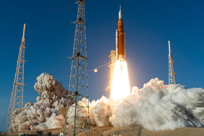 NASA’s Space Launch System (SLS) rocket and Orion spacecraft launch on the Artemis II test flight, Wednesday, Apr. 1, 2026, from Launch Complex 39B at NASA’s Kennedy Space Center in Florida. Commander Reid Wiseman, Pilot Victor Glover, and Mission Specialist Christina Koch from NASA, and Mission Specialist Jeremy Hansen from the CSA (Canadian Space Agency), will fly around the Moon and back to Earth during their approximately 10-day mission. Liftoff from Launch Complex 39B occurred at 6:35 p.m. EDT. Photo Credit: (NASA/John Kraus)