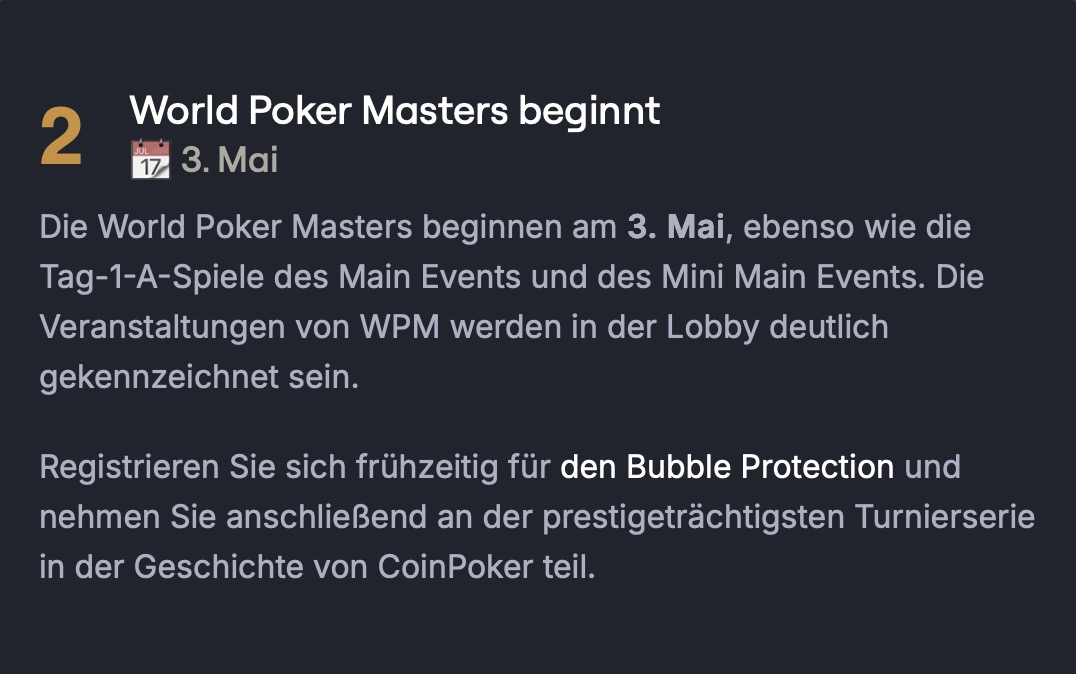 CoinPoker World Poker Masters WPM - Stages