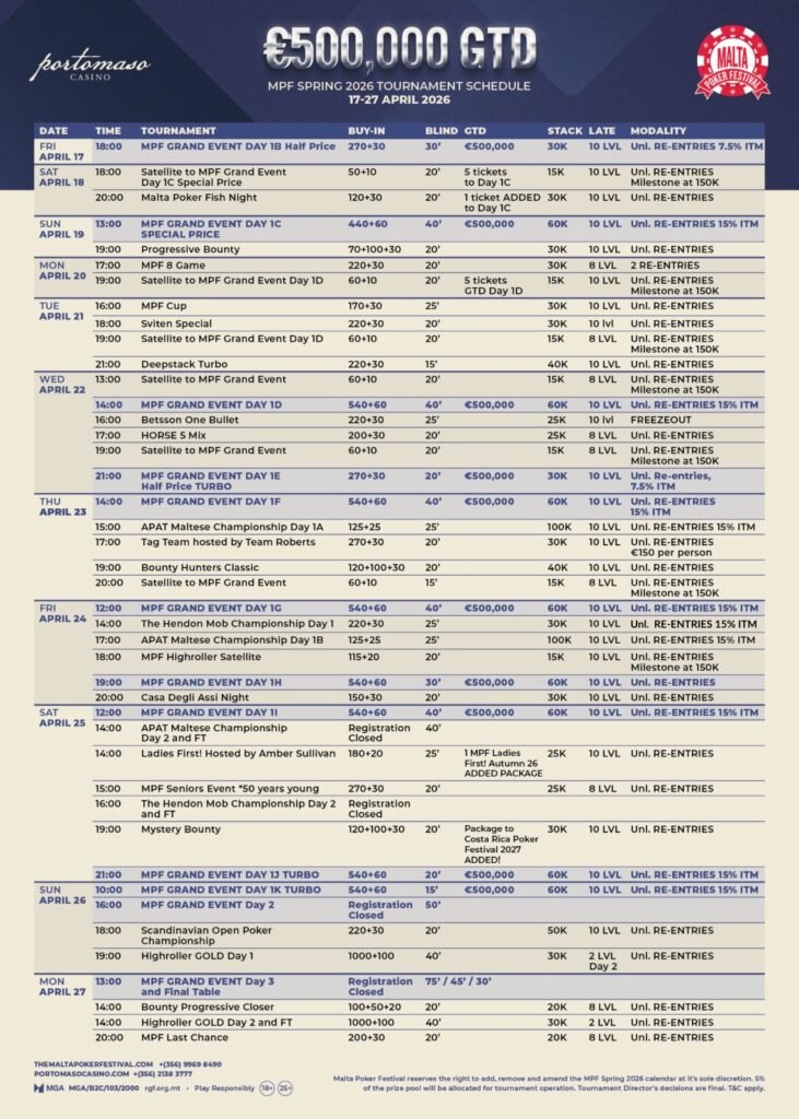 Malta Poker festival Spring 2026 - MPF - SCHEDULE Turnierplan