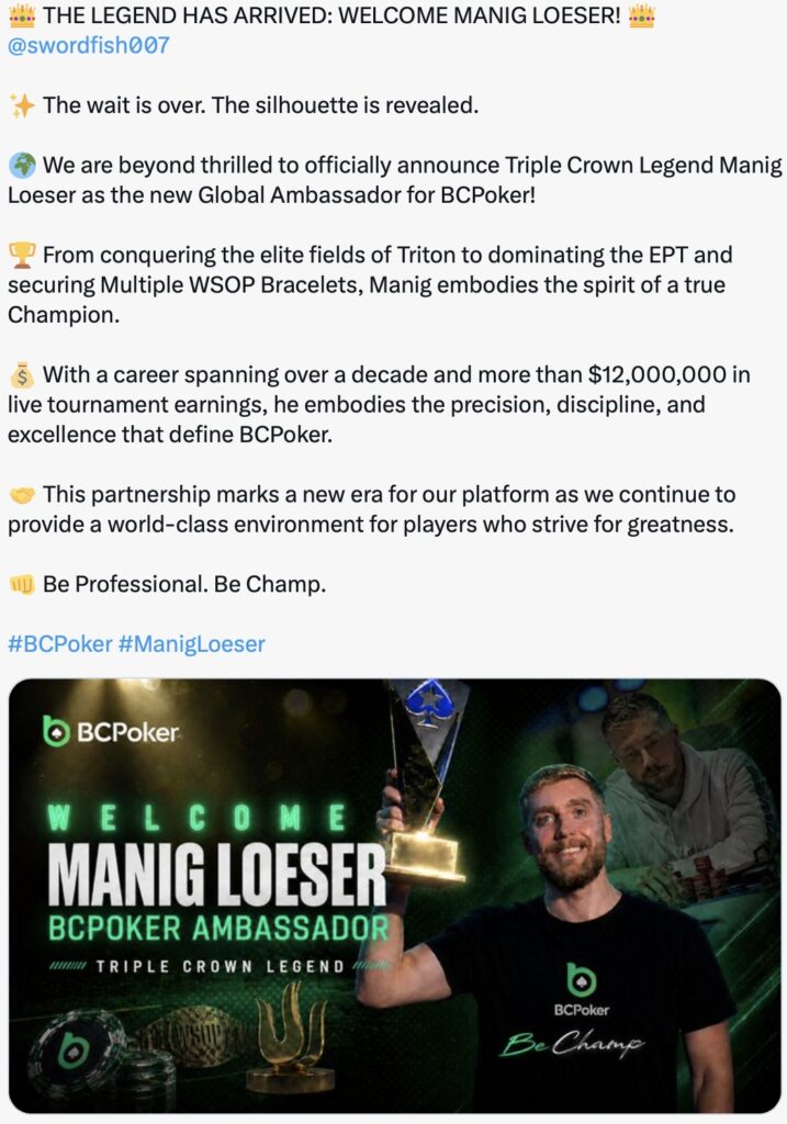 BCPoker Global Ambassador Manig Loeser Löser - Twitter X
