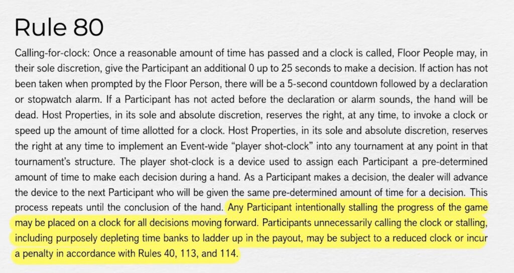 WSOP Regeln Rules 2026 - Stalling