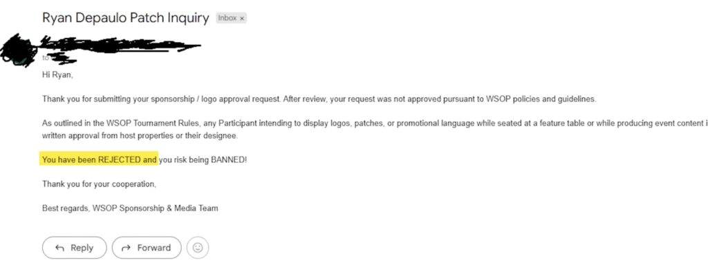 WSOP E-Mail Patches REJECTED and BANNED Ryan Depaulo RDP