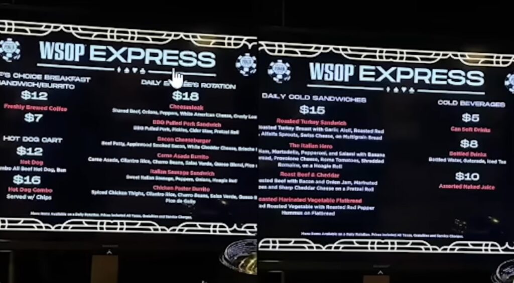 WSOP Food Prices Speisekarte