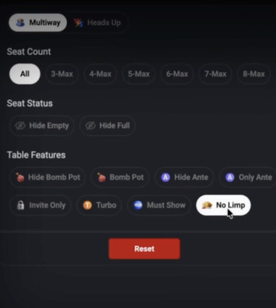 CoinPoker No-Limp PLO Tables pot-or-fold - No-Limp Selection Filter Lobby