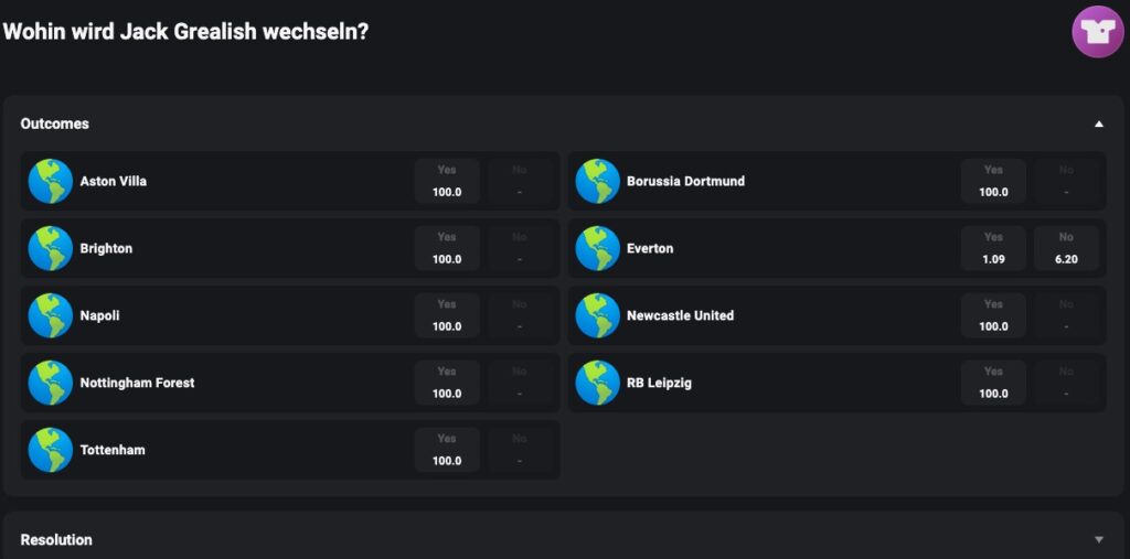 CoinPoker Sportwetten Sportsbook Wetten Bets - Jack Grealish