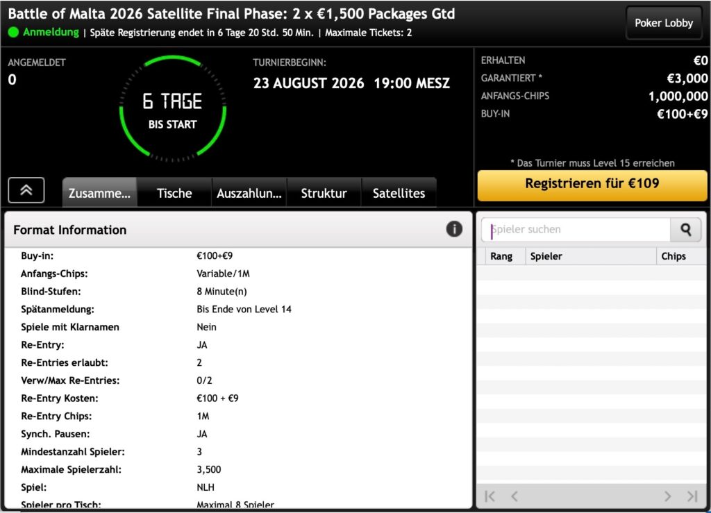 bwin Poker Battle of Malta 2026 Satellite Final Phase