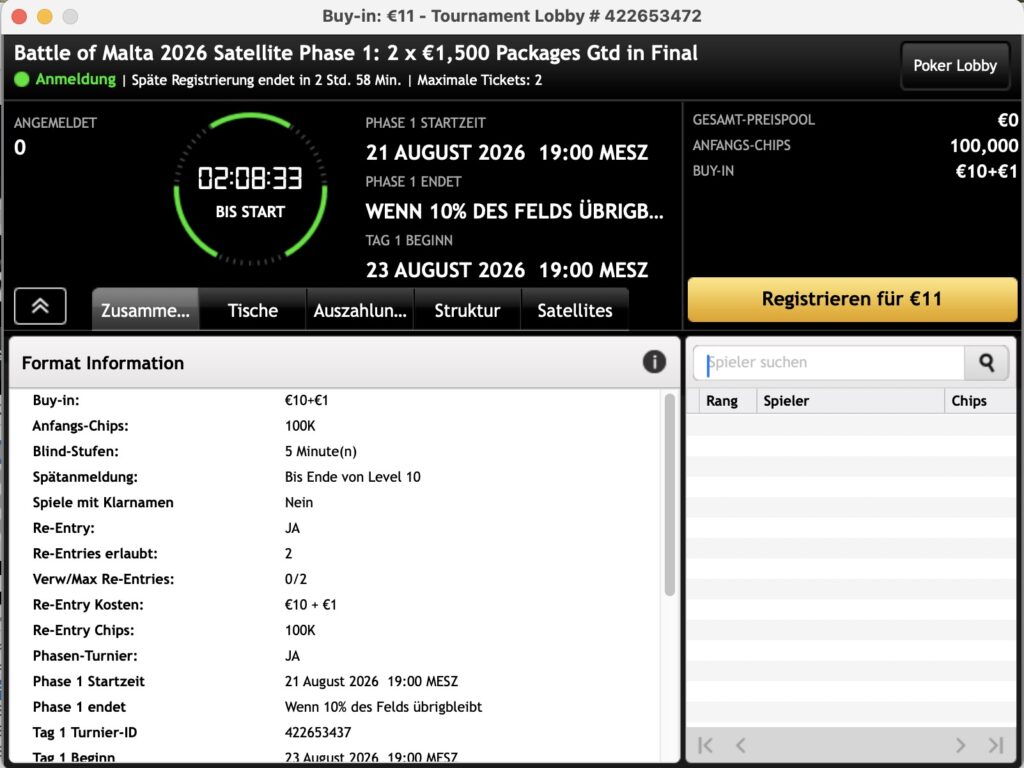bwin Poker Battle of Malta 2026 Satellite Phase 1