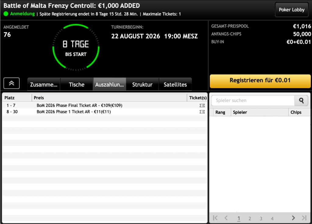 bwin Poker Battle of Malta Frenzy Centroll