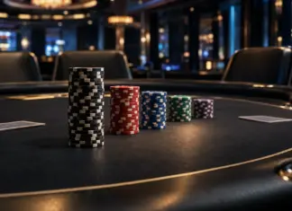 28 Entries: Fünf Spieler kämpfen im SHR Bowl XI Fünf Chipstapel am Finaltisch eines High-Roller-Pokerturniers, der größte Stack vorne als Symbol der Führung