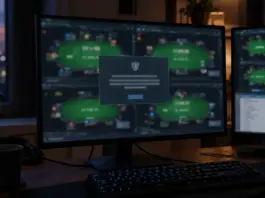 Unbranded online poker client with a blurred security warning on a computer monitor