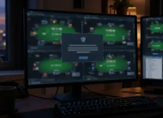 Ab 1. Dezember: GGPoker scannt Drittanbieter-Poker-Tools Unbranded online poker client with a blurred security warning on a computer monitor
