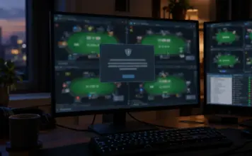 Ab 1. Dezember: GGPoker scannt Drittanbieter-Poker-Tools Unbranded online poker client with a blurred security warning on a computer monitor