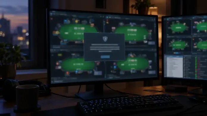 ab-1-dezember-ggpoker-scannt-drittanbieter-poker-tools Unbranded online poker client with a blurred security warning on a computer monitor