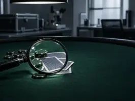 Pokerkarten und Chips unter einer forensischen Lupe zur Untersuchung von Superuser-Betrug