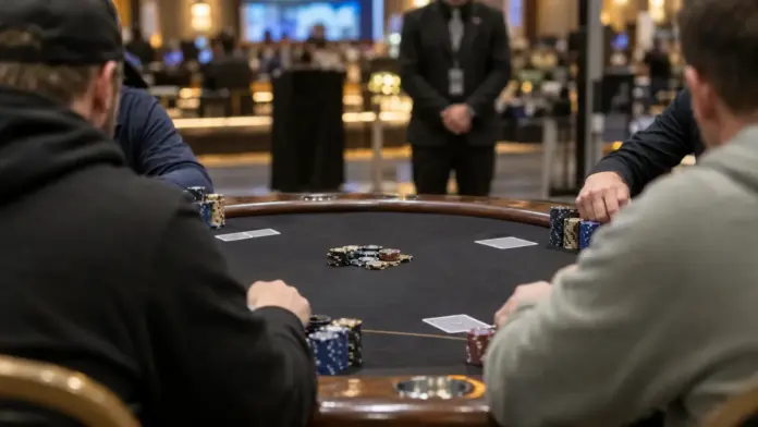 adrian-mateos-gewinnt-event-5-poker-masters Pokerturnier-Finaltisch mit Spielern, Karten und Chips bei den Poker Masters