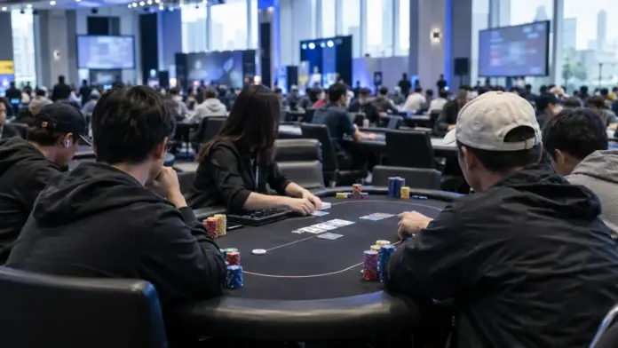 apt-championship-2026-taipei Pokerturnier-Tisch mit Chips und Spielern in einem Veranstaltungsraum in Taipei