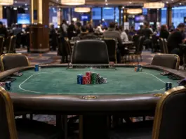 Pokerturniertisch mit Chipstapeln in einem Casino während des Poker-Masters-Events