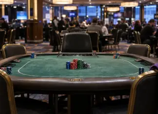 Ausmus führt Poker Masters Event #7 – Mateos jagt Purple Jacket Pokerturniertisch mit Chipstapeln in einem Casino während des Poker-Masters-Events