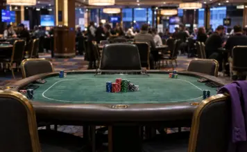Ausmus führt Poker Masters Event #7 – Mateos jagt Purple Jacket Pokerturniertisch mit Chipstapeln in einem Casino während des Poker-Masters-Events