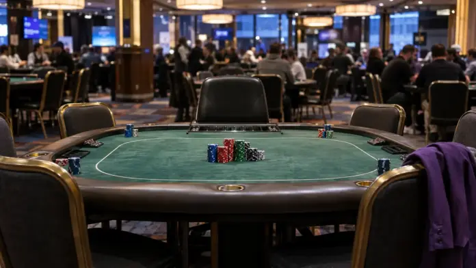 ausmus-fuehrt-poker-masters-event-7-mateos-jagt Pokerturniertisch mit Chipstapeln in einem Casino während des Poker-Masters-Events