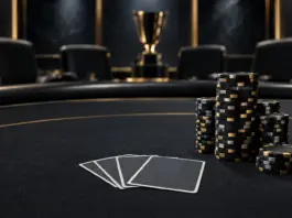 Pot-Limit-Omaha-Finaltisch mit Pokerchips und verdeckten Karten im dramatischen Turnierlicht