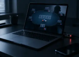 High-Stakes-Spieler im Visier: Jurojin verschärft den Schutz Laptop am Online-Pokertisch mit Cybersecurity-Warnsignal zum Spyware-Angriff auf High-Stakes-Spieler