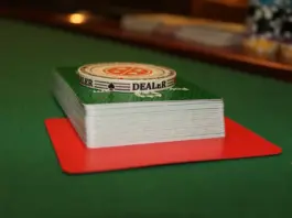 Ein Stapel Spielkarten mit einem Dealer-Button auf einem grünen Pokertisch