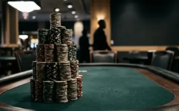 Kesidis führt 24er-Feld ins Monsterstack-Finale Towering poker chip stack at a high-stakes tournament final table