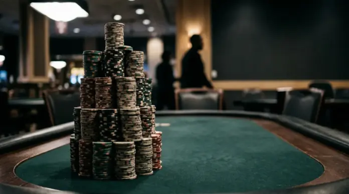 kesidis-fuehrt-24er-feld-ins-monsterstack-finale Towering poker chip stack at a high-stakes tournament final table