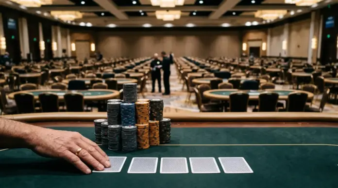 kings-million-epc-waechst-weiter Pokerchips und Karten auf einem Turniertisch in der großen Pokerarena des King’s Million EPC