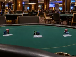 Leerer Finaltisch des Pokerturniers im King’s Resort Rozvadov mit Chips und Karten
